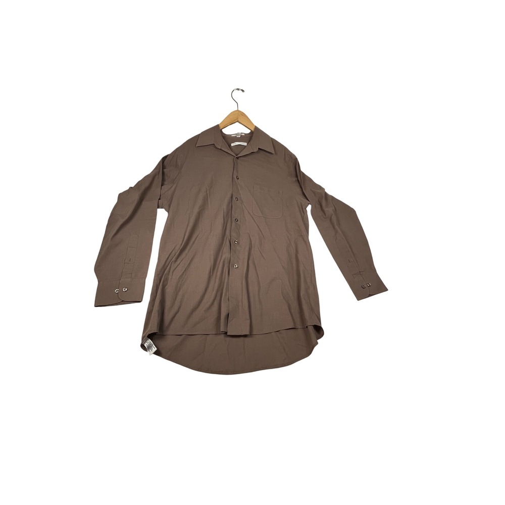 Geoffrey Beene Men Brown Long Sleeve Button Down Shirt L 16 34/35 Wrinkle-Free